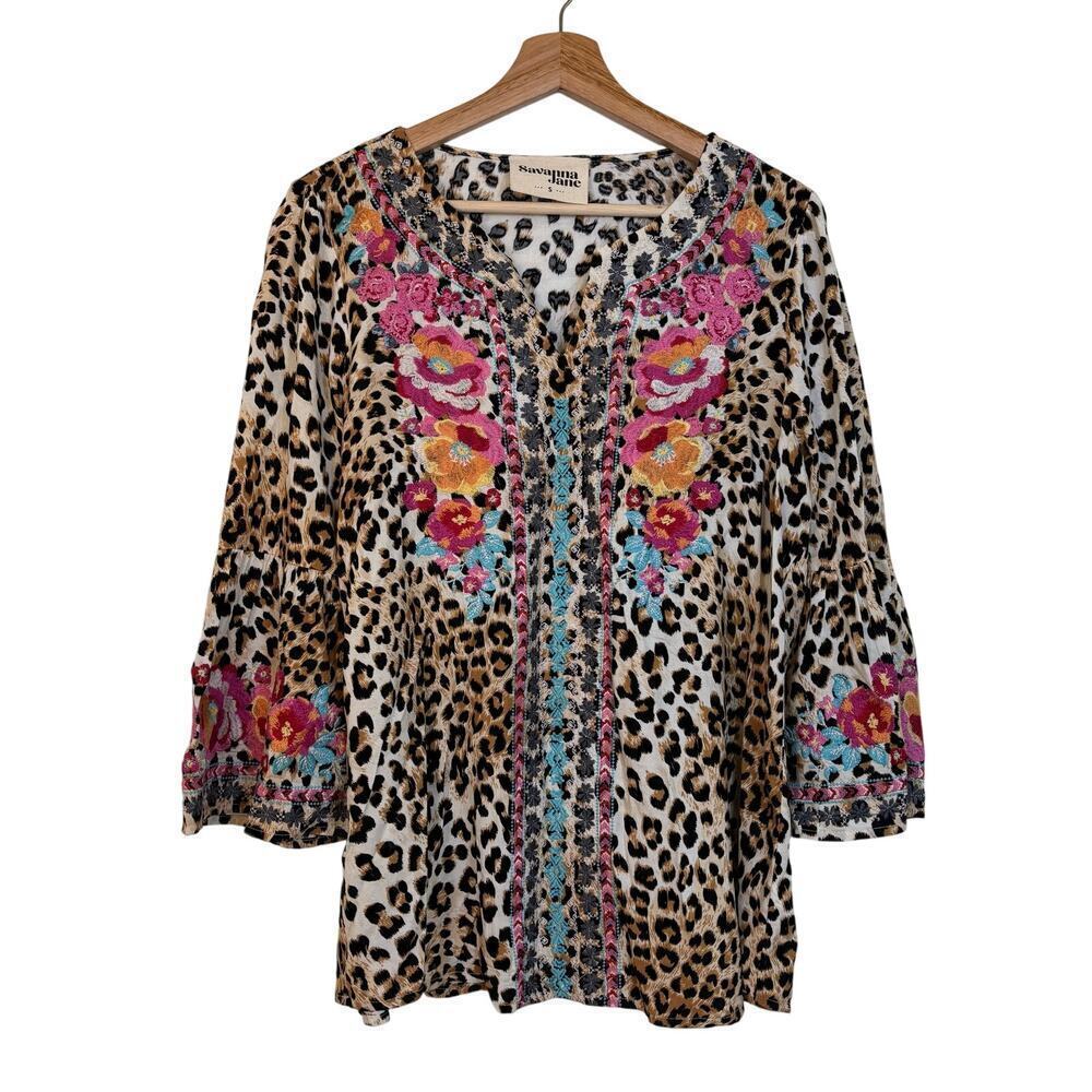 Savanna Janne Venice Leopard Embroidered Tunic size Small Bell Long Sleeves Boho - Picture 2 of 10